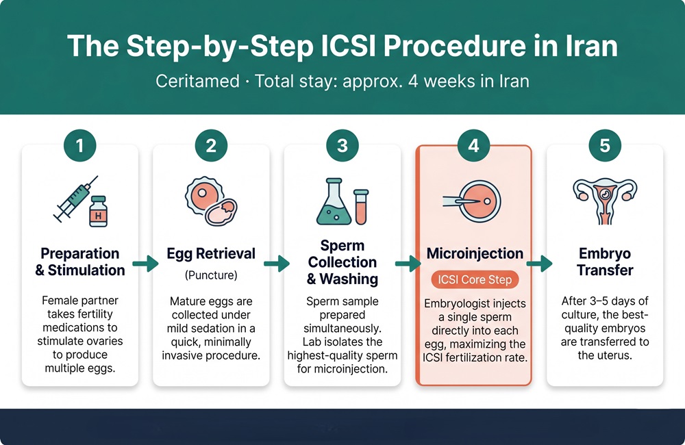 Infographic showing the complete step-by-step ICSI procedure in Iran including ovarian stimulation, egg retrieval, sperm injection, and embryo transfer.
