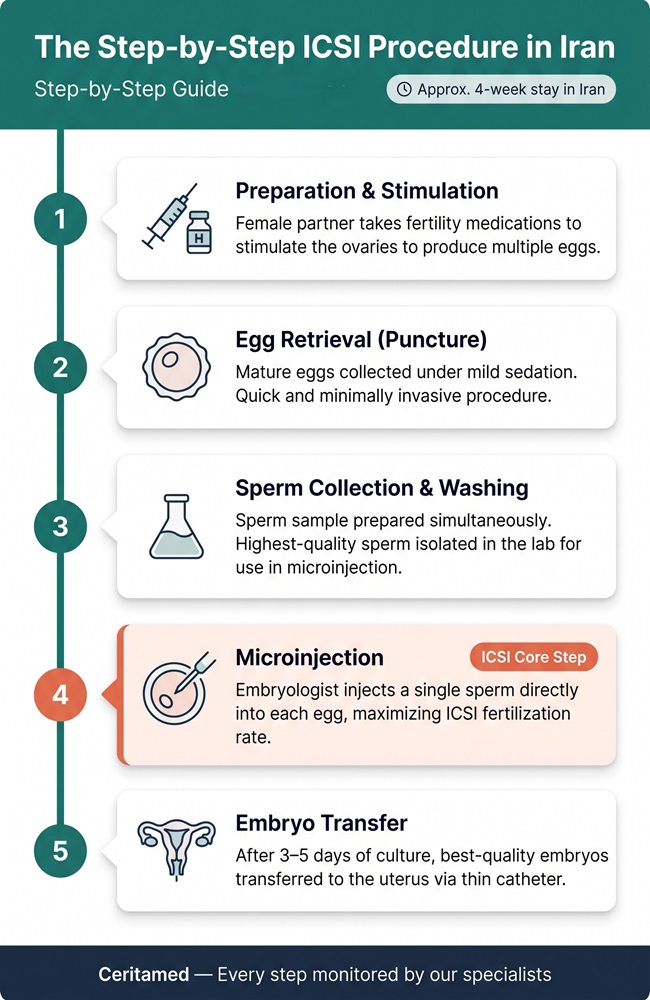 Infographic showing the complete step-by-step ICSI procedure in Iran including ovarian stimulation, egg retrieval, sperm injection, and embryo transfer.