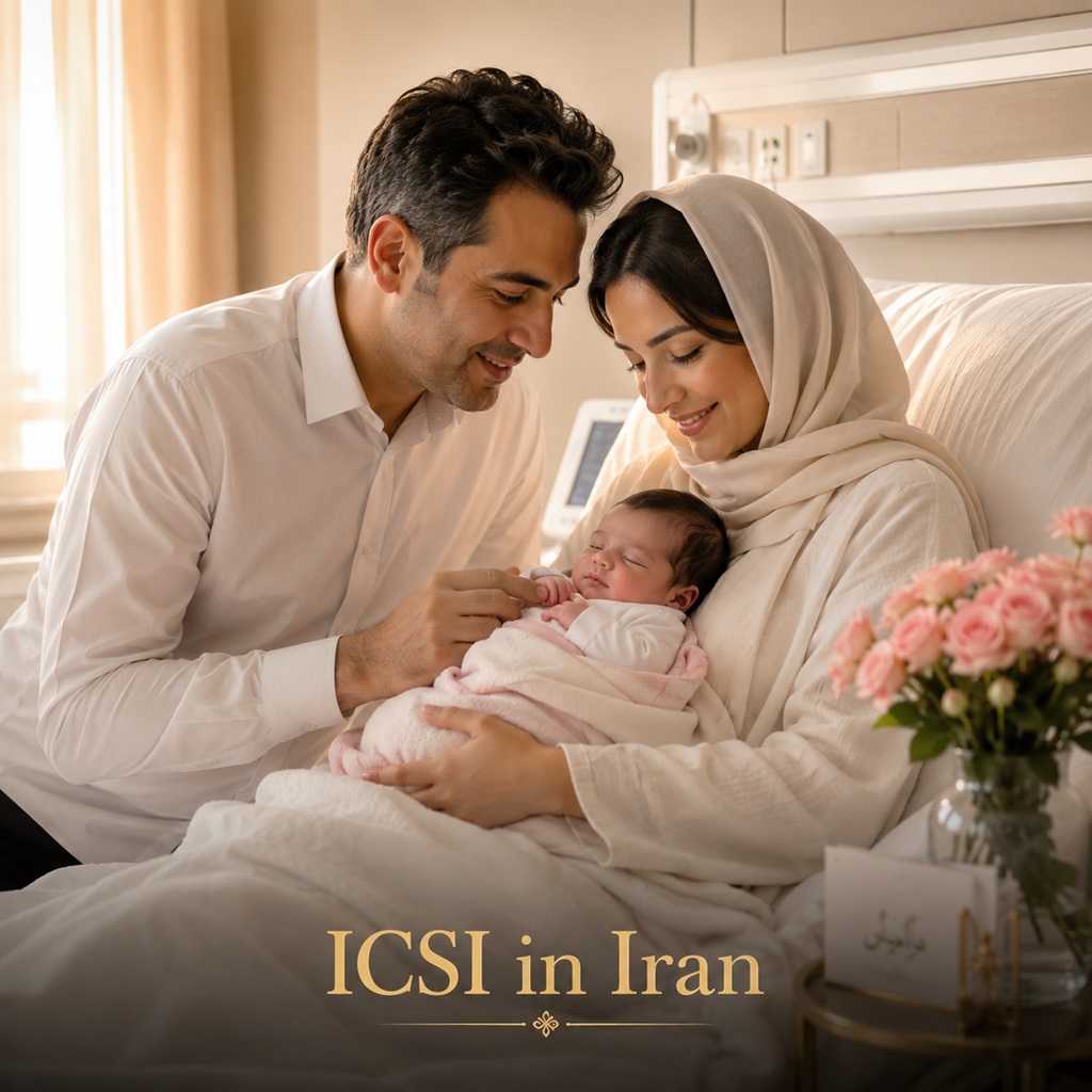 Happy couple holding their newborn baby after successful ICSI fertility treatment in Iran.