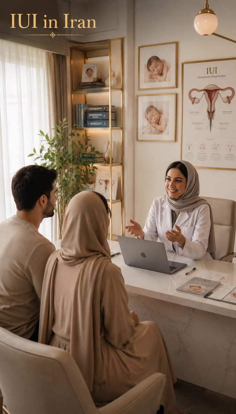 Couple attending an IUI fertility consultation with a specialist doctor in a modern fertility clinic in Iran.