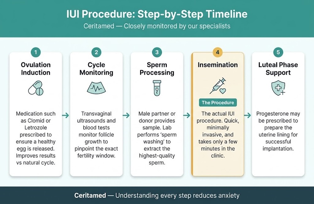 Infographic showing the complete step-by-step IUI procedure in Iran including ovulation induction, sperm processing, insemination, and fertility support.