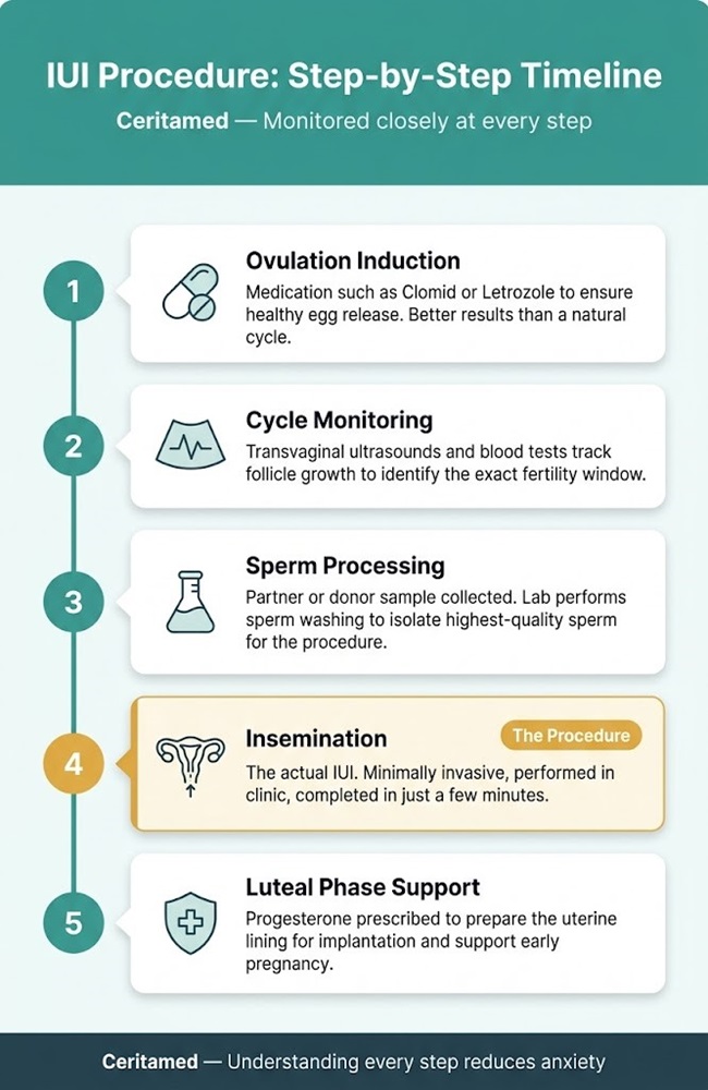 Infographic showing the complete step-by-step IUI procedure in Iran including ovulation induction, sperm processing, insemination, and fertility support.