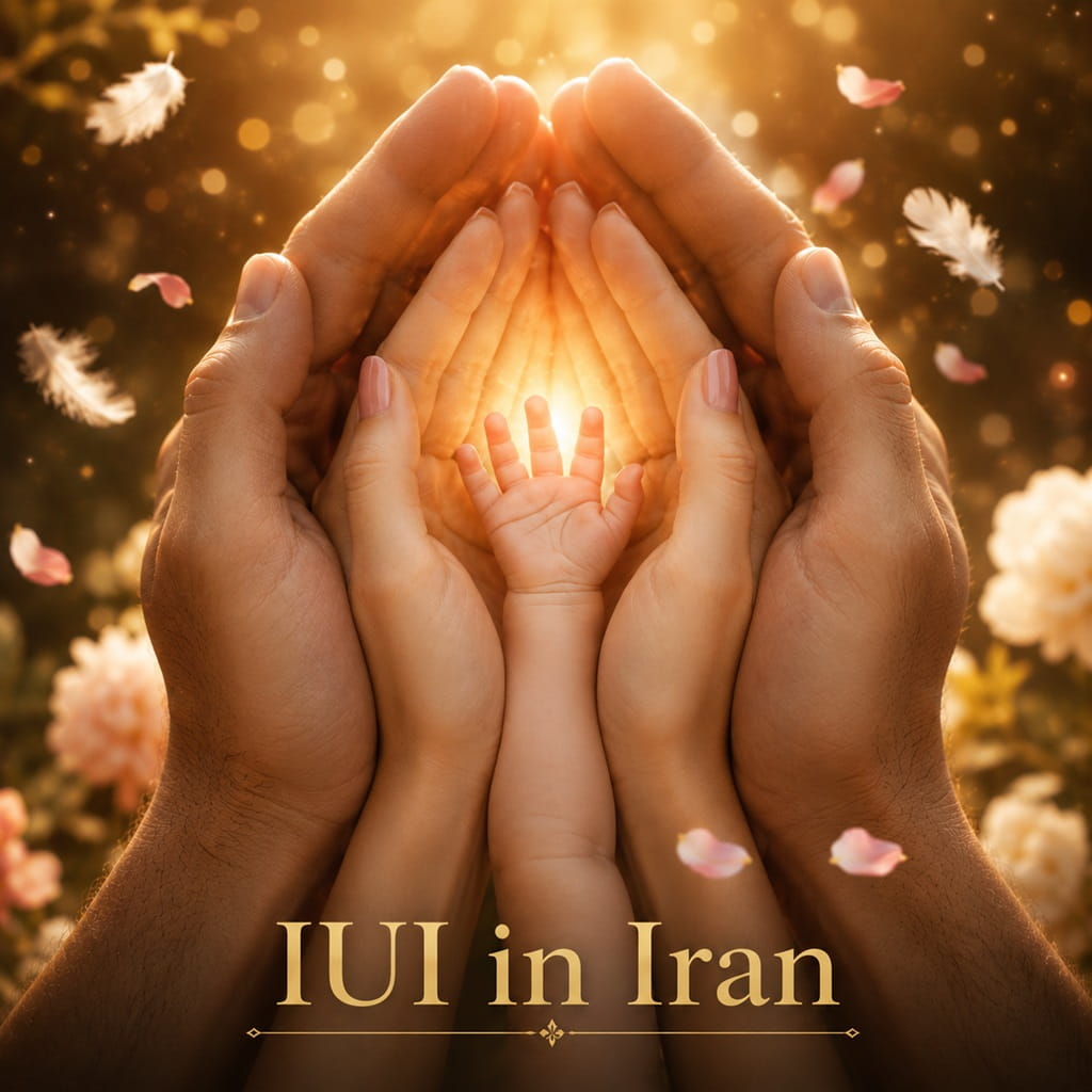 Hands protecting a baby symbolizing successful IUI fertility treatment and parenthood journey in Iran.