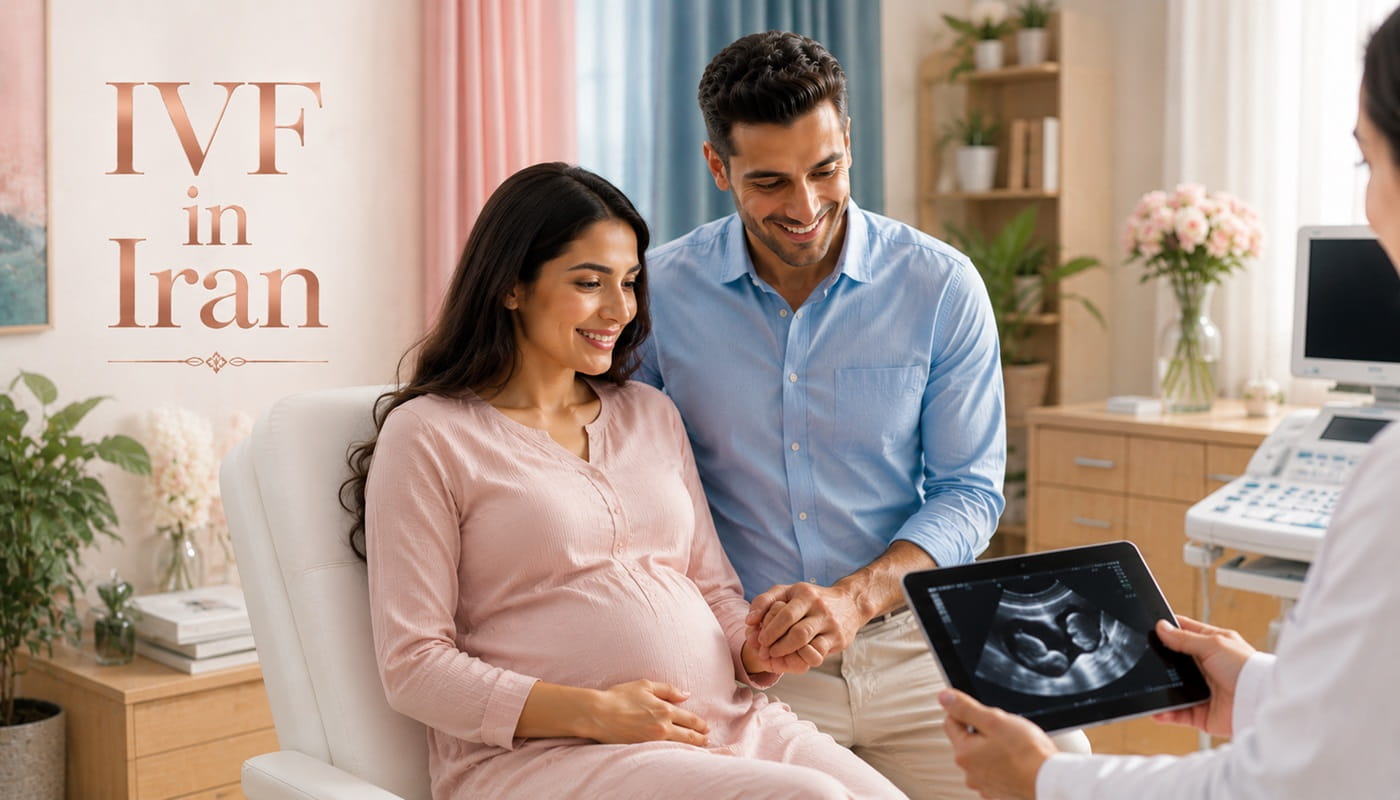 Pregnant couple during successful IVF treatment and fertility consultation in Iran.