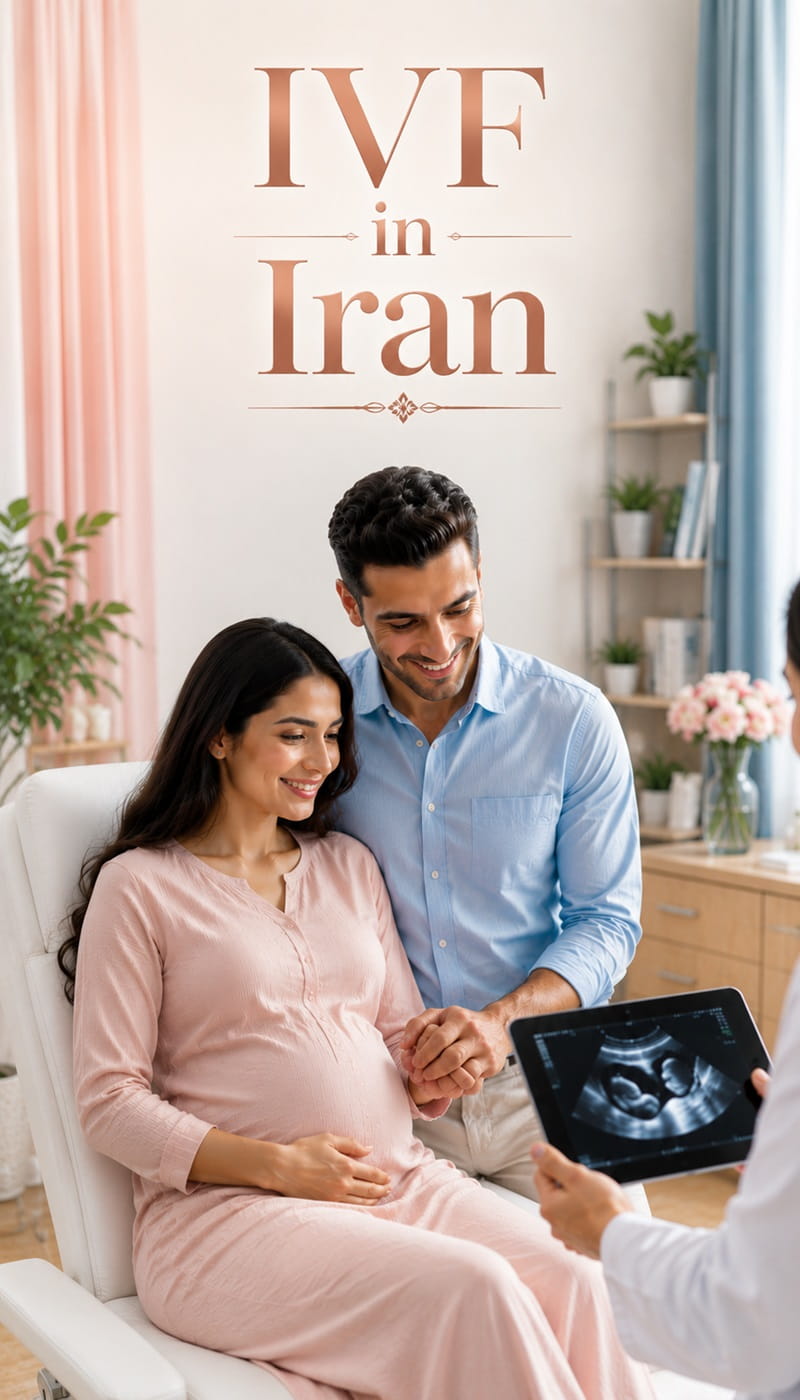 Pregnant couple during successful IVF treatment and fertility consultation in Iran.