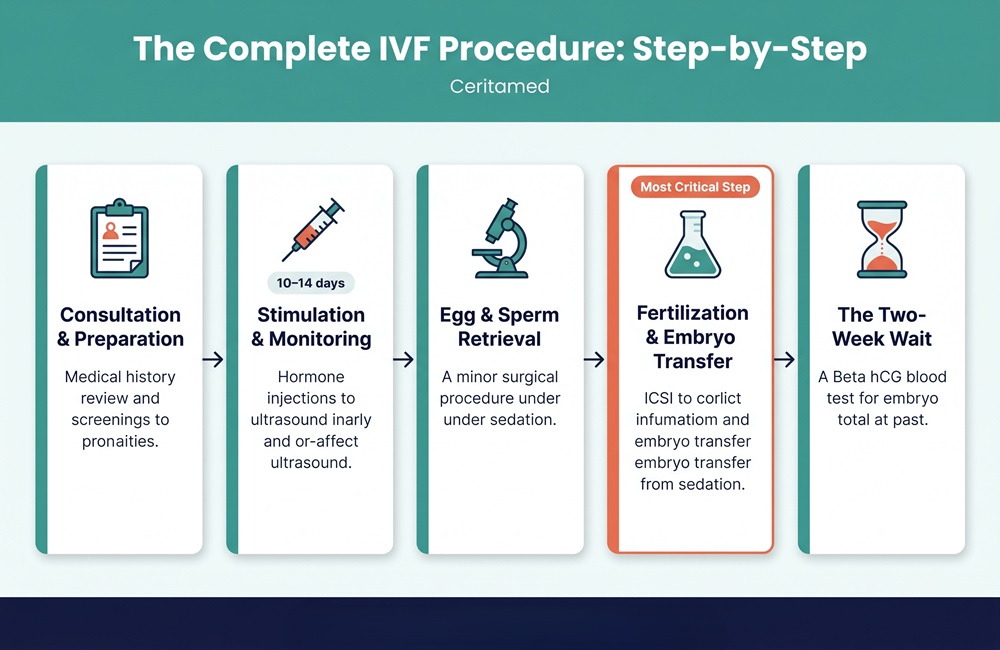Infographic showing the complete step-by-step IVF treatment procedure in Iran from consultation to embryo transfer and pregnancy testing.