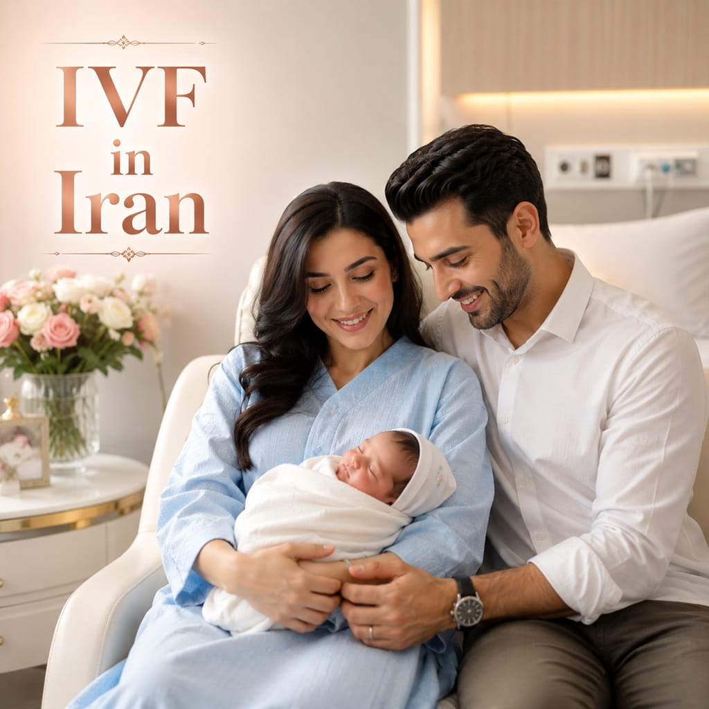 Happy parents holding their newborn baby after successful IVF treatment and fertility care in Iran.
