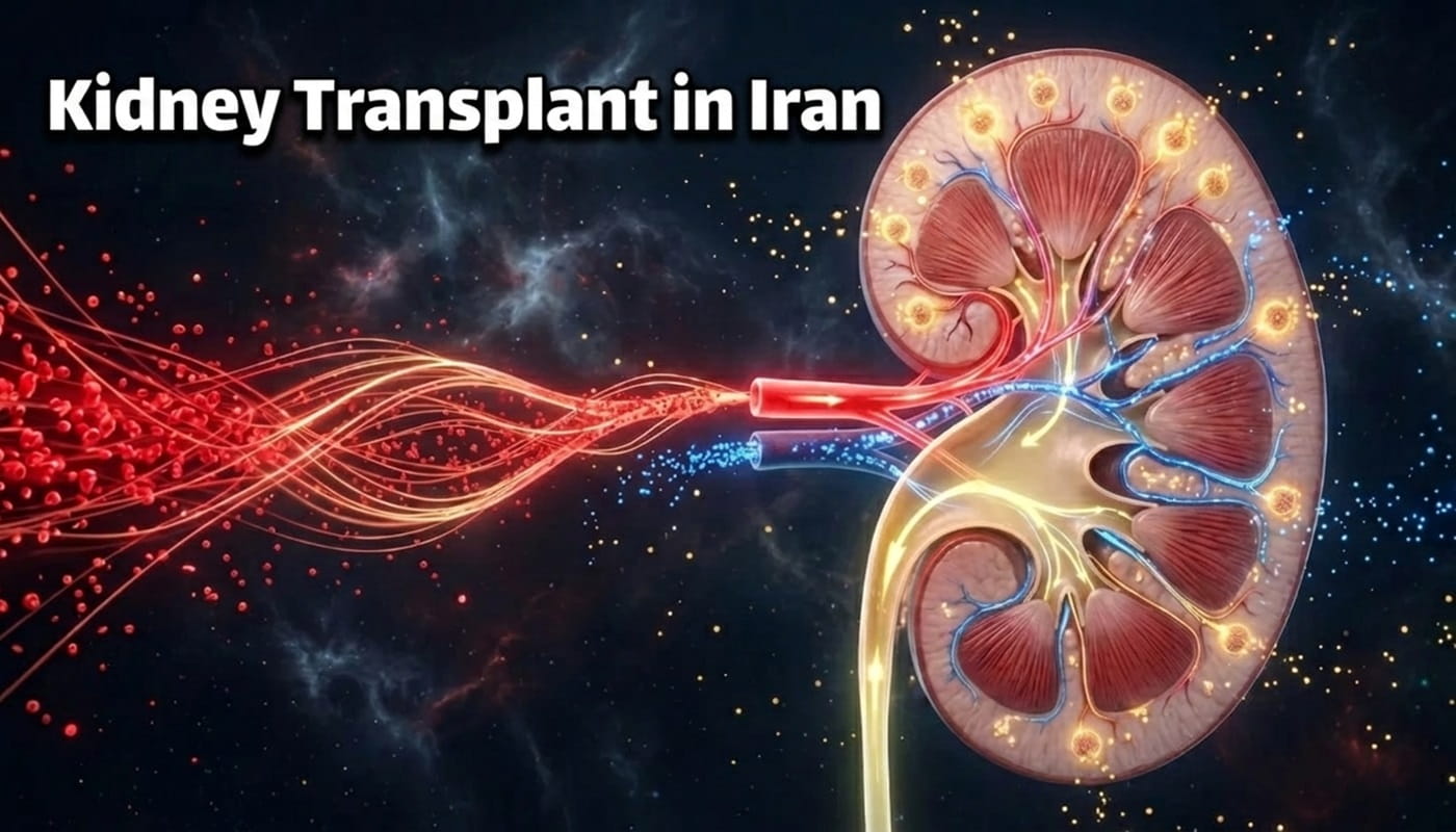 Medical illustration of kidney anatomy and blood circulation representing advanced kidney transplant treatment in Iran by Ceritamed.
