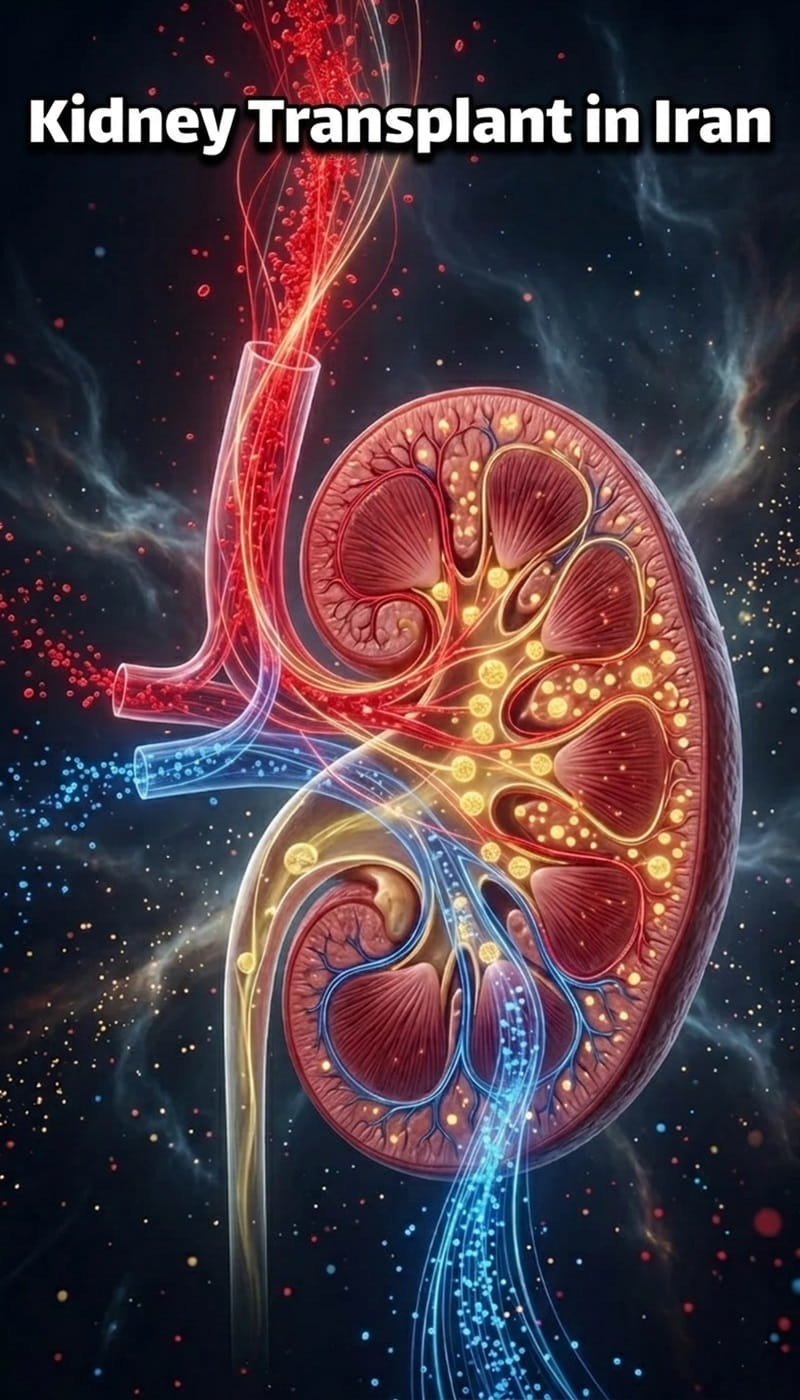 Medical illustration of kidney anatomy and blood circulation representing advanced kidney transplant treatment in Iran by Ceritamed.