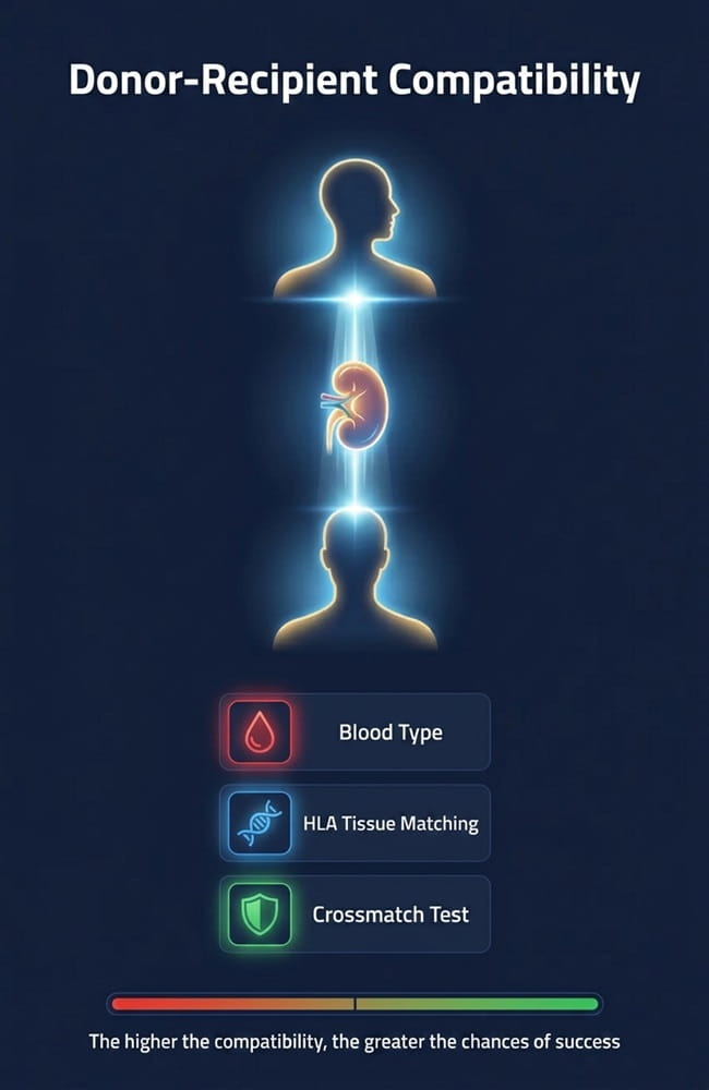Infographic explaining donor-recipient compatibility factors including blood type, HLA tissue matching, and crossmatch testing for kidney transplant in Iran by Ceritamed.