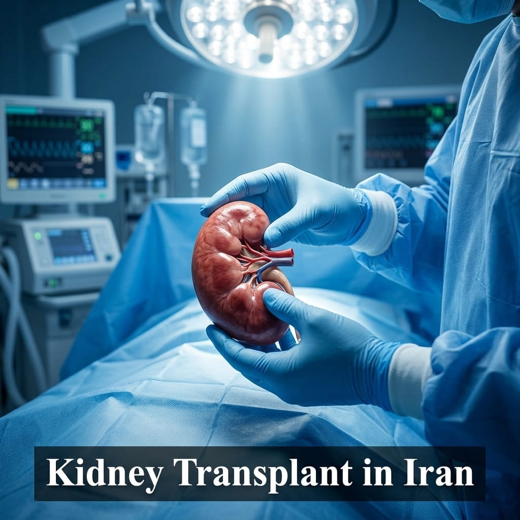 Surgeon holding a donor kidney in a modern operating room representing advanced kidney transplant surgery in Iran by Ceritamed.