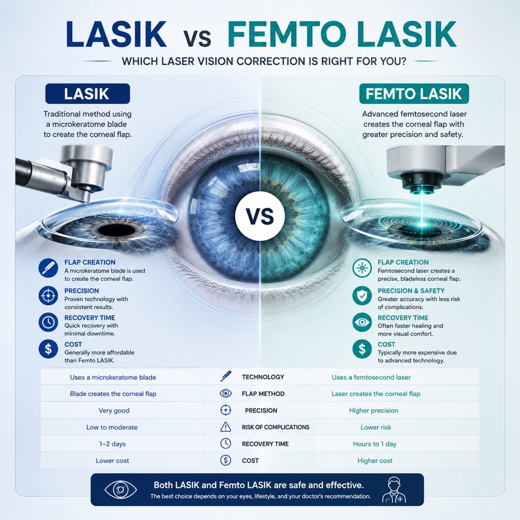 Educational comparison infographic showing LASIK vs Femto LASIK laser vision correction procedures and differences in eye surgery technology.