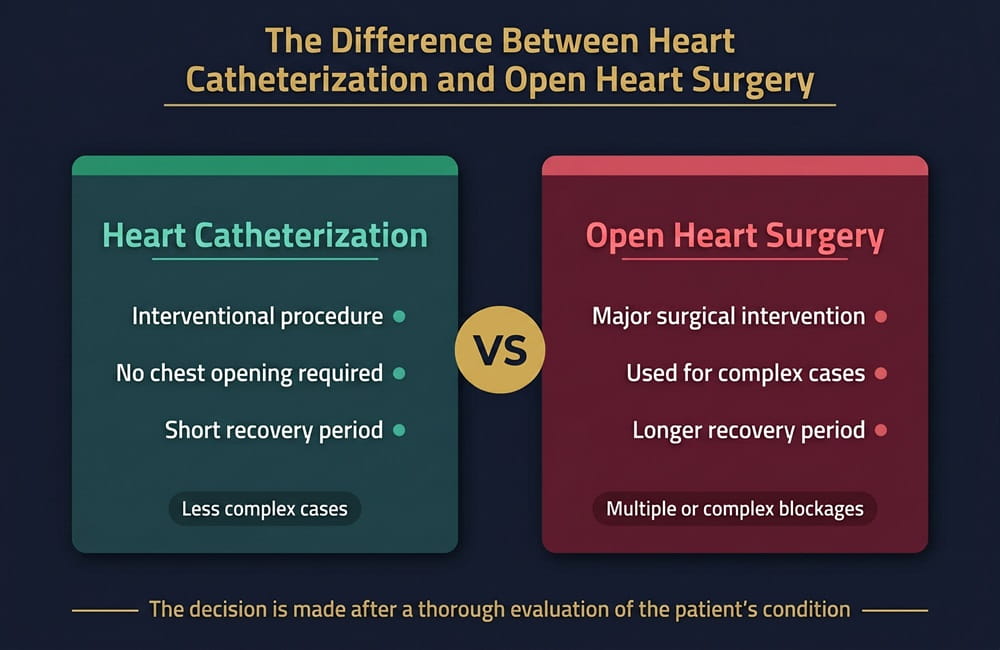 Infographic comparing heart catheterization and open heart surgery procedures in Iran for advanced cardiovascular treatment by Ceritamed.