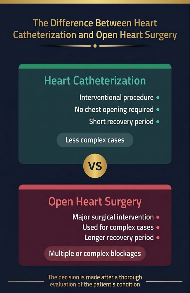Infographic comparing heart catheterization and open heart surgery procedures in Iran for advanced cardiovascular treatment by Ceritamed.