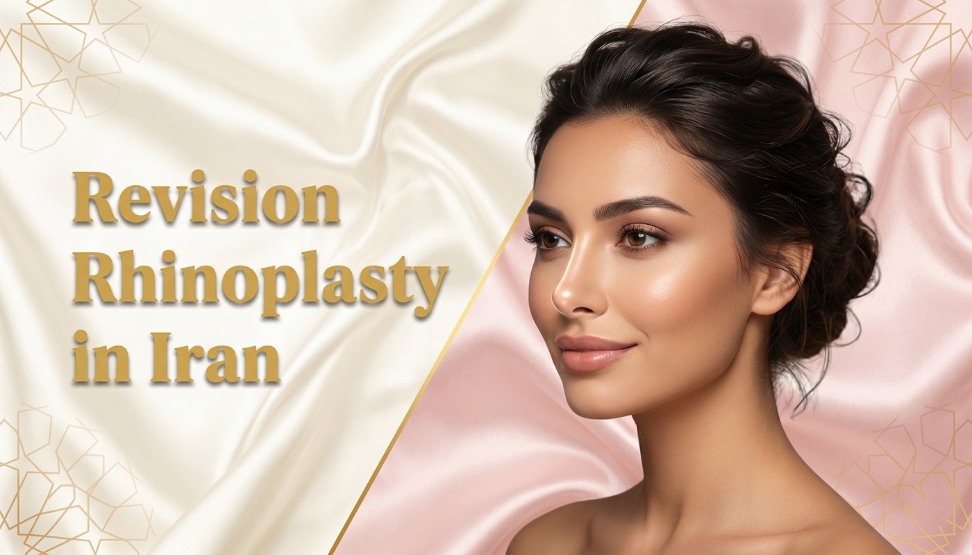 Luxury revision rhinoplasty banner featuring a beautiful woman and elegant aesthetic design promoting secondary nose surgery in Iran by Ceritamed.