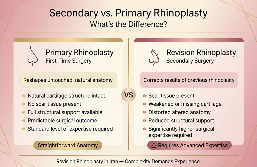 Infographic comparing primary rhinoplasty and revision rhinoplasty procedures in Iran with surgical differences and corrective nose surgery details.