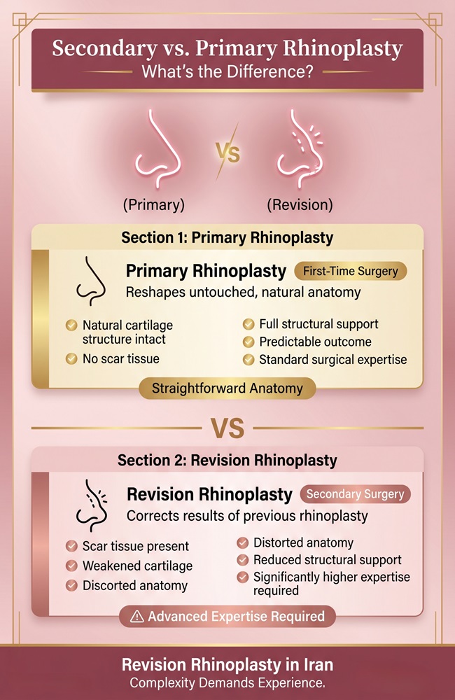 Infographic comparing primary rhinoplasty and revision rhinoplasty procedures in Iran with surgical differences and corrective nose surgery details.