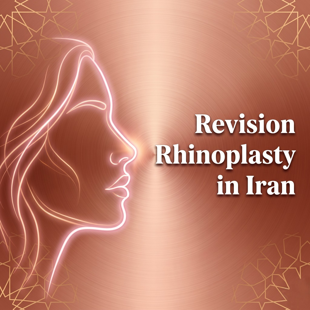 Featured illustration for revision rhinoplasty in Iran showing elegant facial line art and corrective nose surgery branding by Ceritamed.