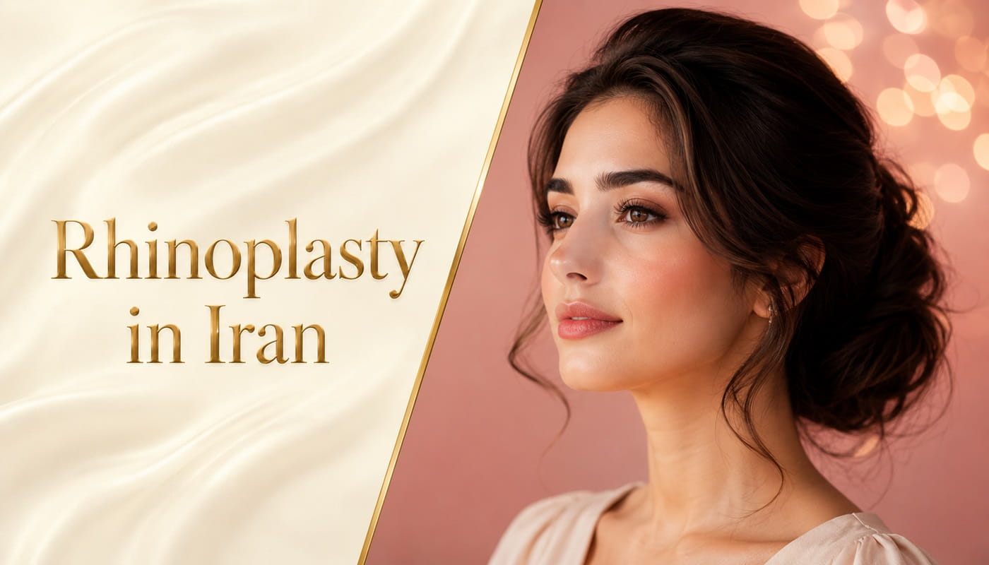 Elegant woman portrait representing rhinoplasty in Iran with soft luxury aesthetic background and natural facial harmony.