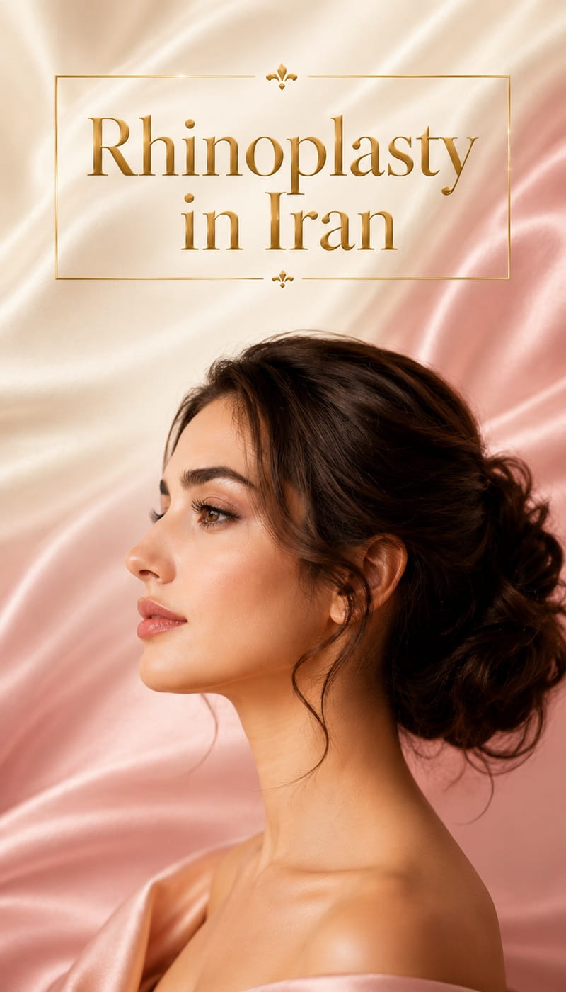Elegant woman portrait representing rhinoplasty in Iran with soft luxury aesthetic background and natural facial harmony.