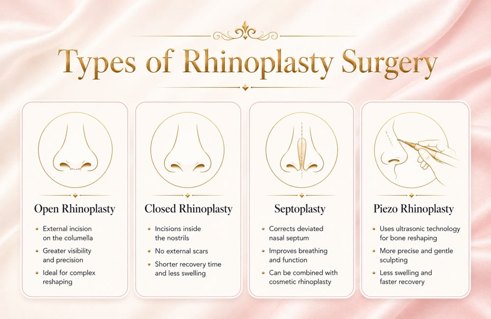 Infographic explaining open rhinoplasty, closed rhinoplasty, septoplasty, and piezo rhinoplasty procedures in Iran.