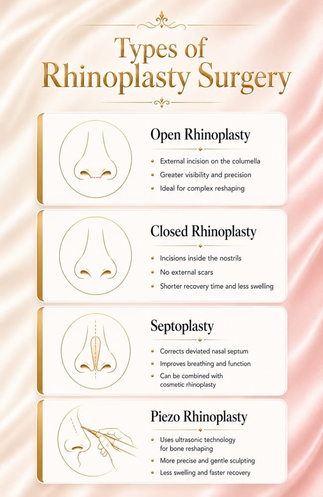 Infographic explaining open rhinoplasty, closed rhinoplasty, septoplasty, and piezo rhinoplasty procedures in Iran.