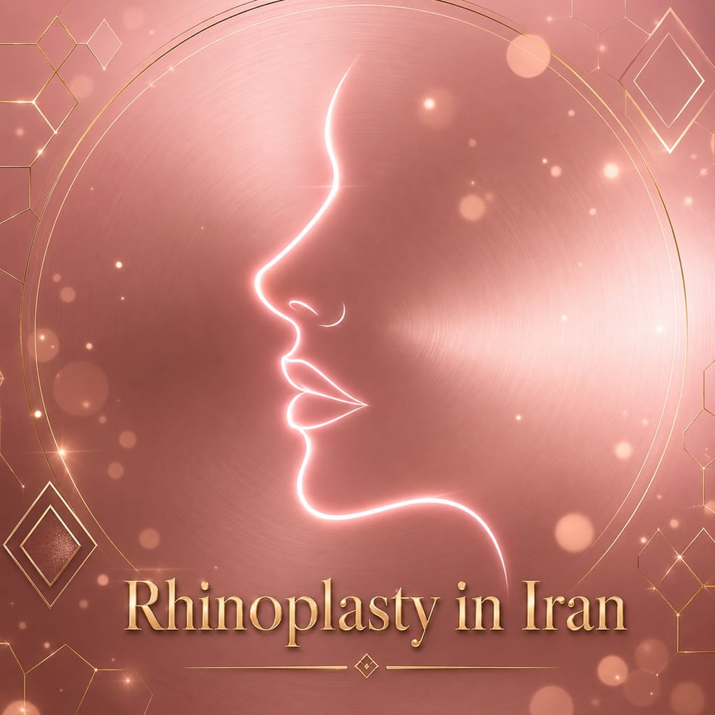 Luxury artistic illustration representing rhinoplasty in Iran with glowing feminine facial outline and elegant cosmetic surgery theme.