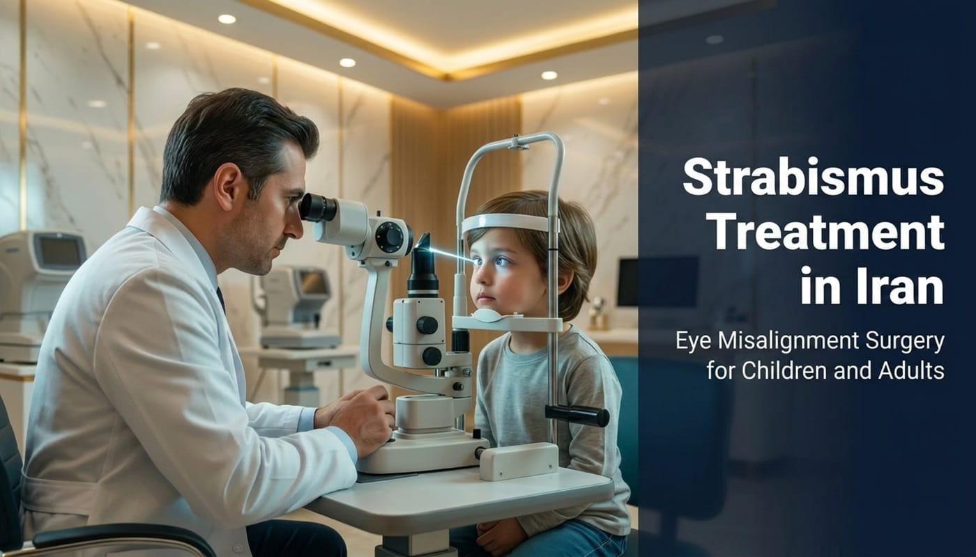 An ophthalmologist examining a child's eye alignment using a slit lamp device for strabismus treatment in Iran banner by Ceritamed