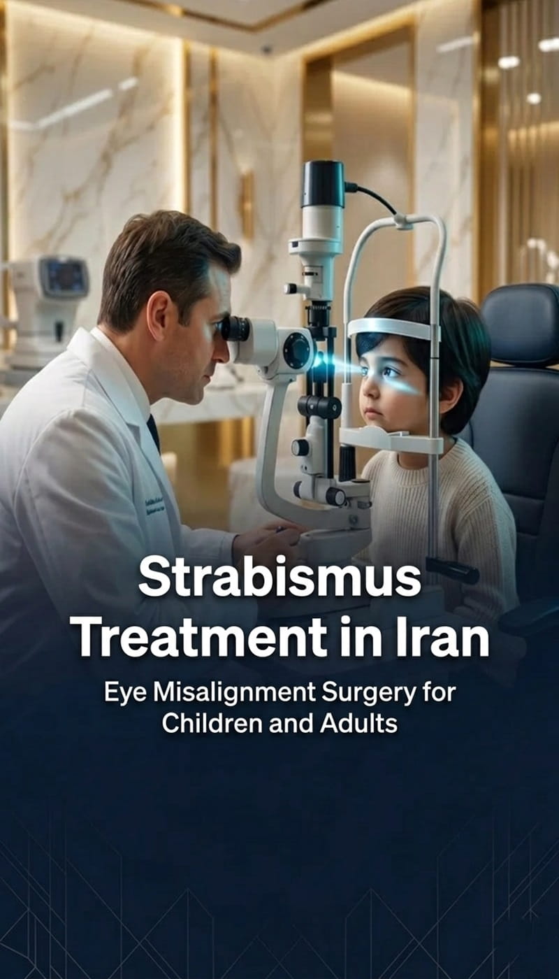 An ophthalmologist examining a child's eye alignment using a slit lamp device for strabismus treatment in Iran banner by Ceritamed