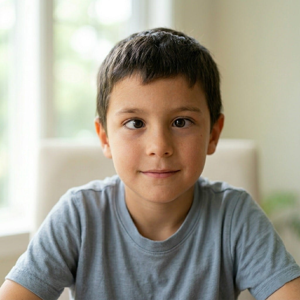 A young boy with squint eyes before undergoing professional strabismus treatment in Iran by Ceritamed