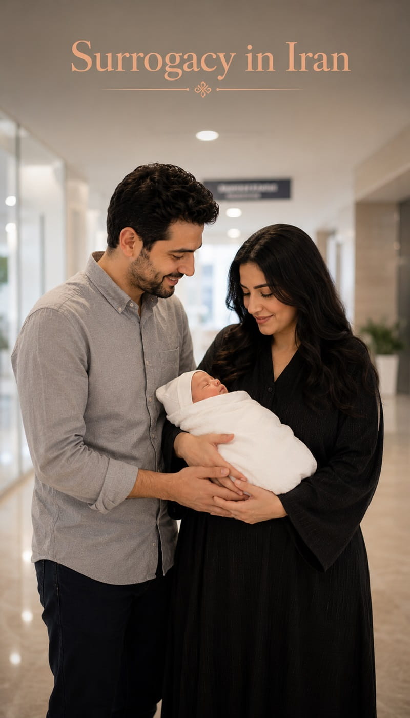 Happy intended parents holding their newborn baby after successful surrogacy treatment in Iran.