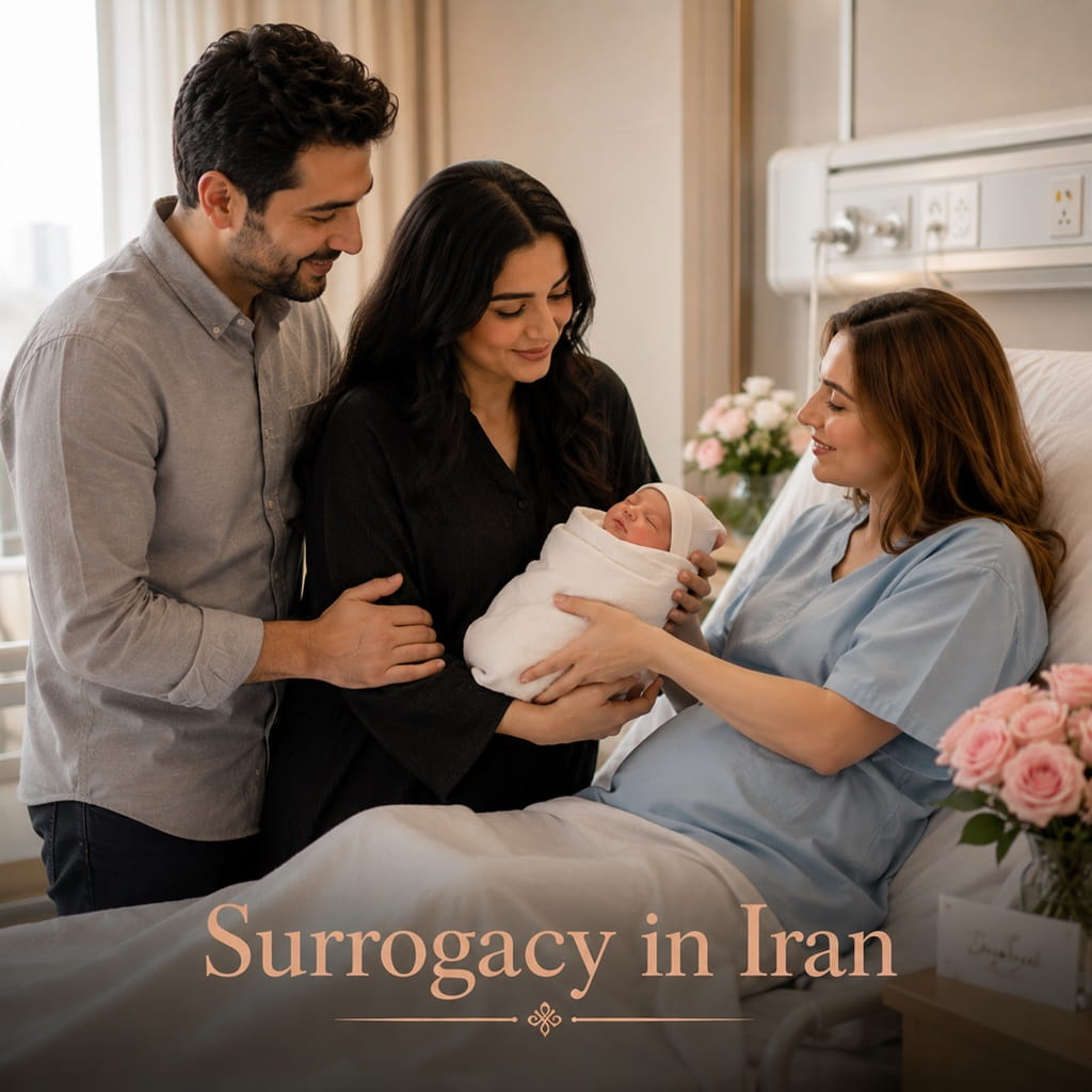 Intended parents holding a newborn baby after a successful surrogacy journey in Iran.