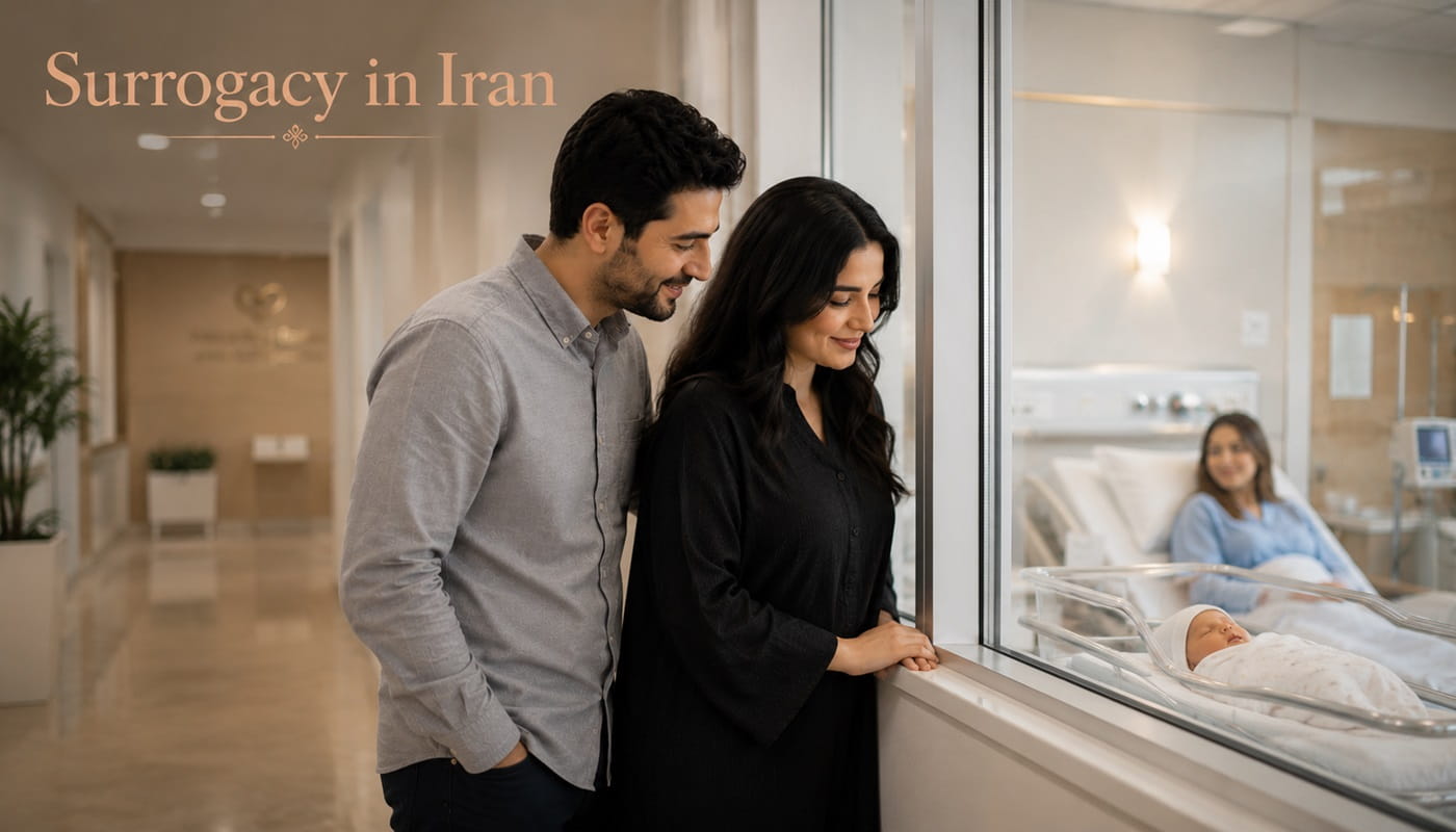 Happy intended parents holding their newborn baby after successful surrogacy treatment in Iran.