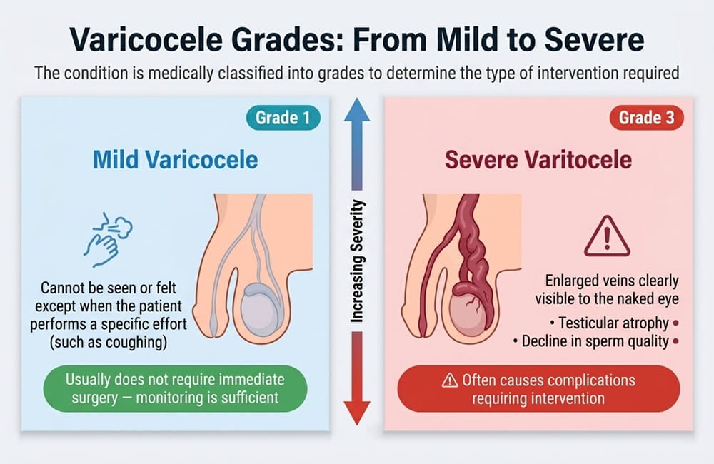 Educational infographic explaining mild and severe varicocele grades and treatment indications for varicocele surgery in Iran by Ceritamed.