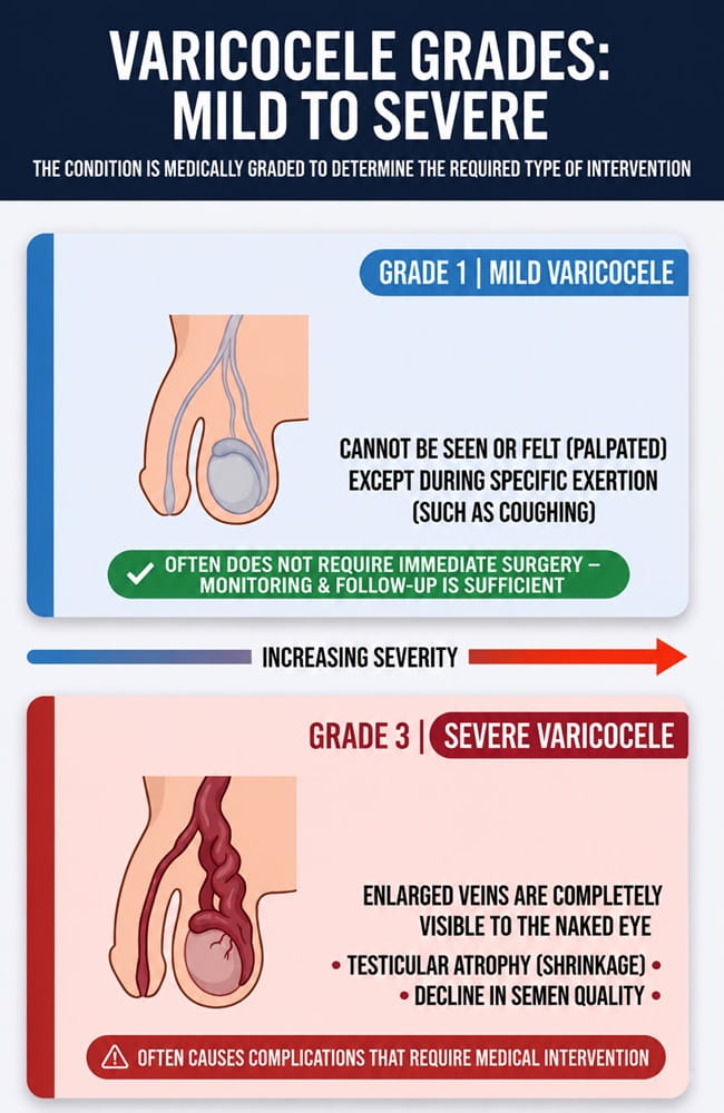 Educational infographic explaining mild and severe varicocele grades and treatment indications for varicocele surgery in Iran by Ceritamed.