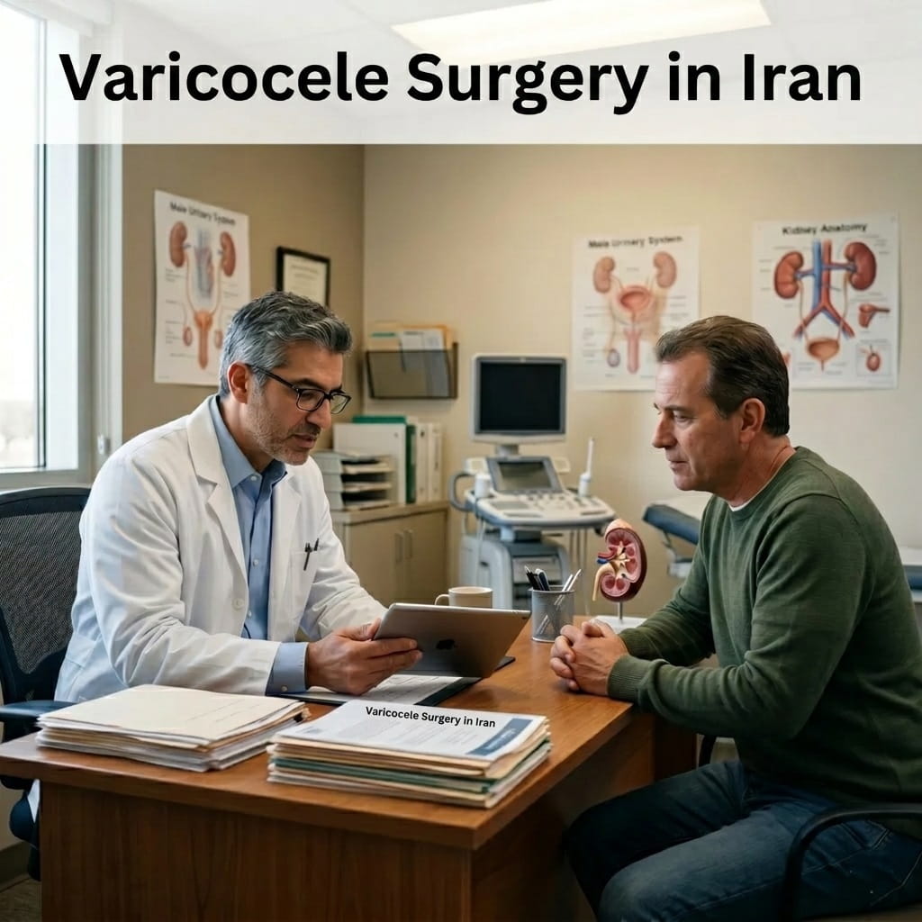 Urology specialist consulting with a patient about varicocele surgery and male fertility treatment in Iran by Ceritamed.