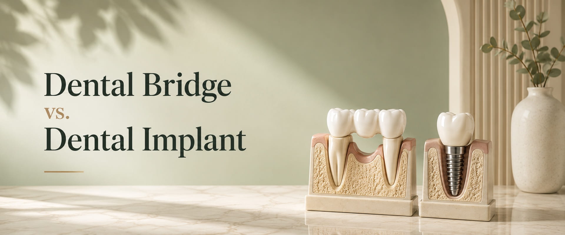 Comparison model of a dental bridge and a dental implant for replacing missing teeth.