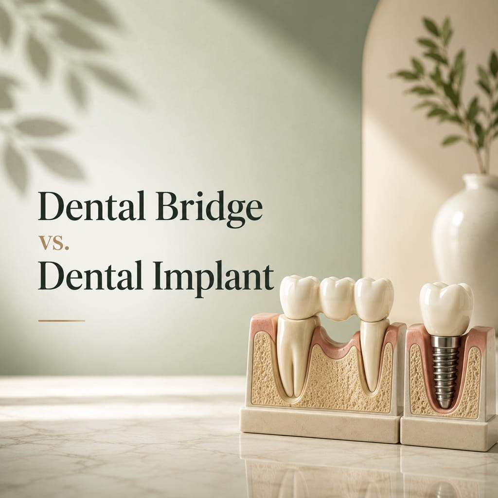 Comparison model of a dental bridge and a dental implant for replacing missing teeth.