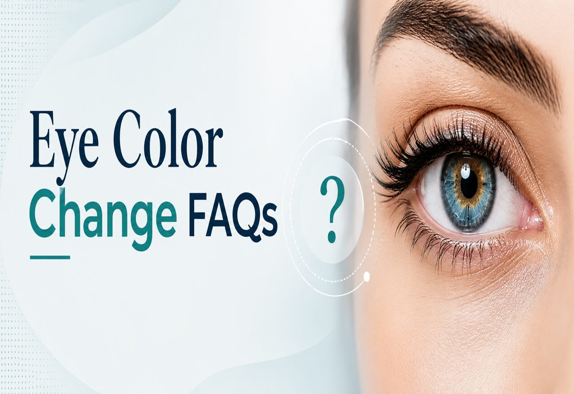 Frequently asked questions about permanent eye color change with a close-up of a blue-green eye.