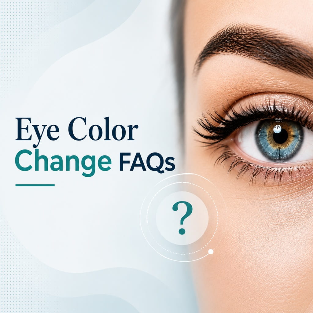 Frequently asked questions about permanent eye color change with a close-up of a blue-green eye.