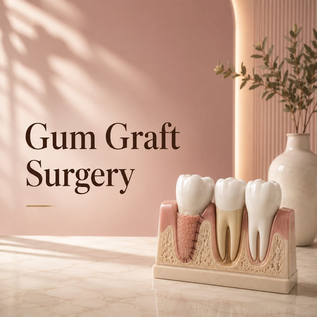 Illustration showing gum graft surgery for treating gum recession.