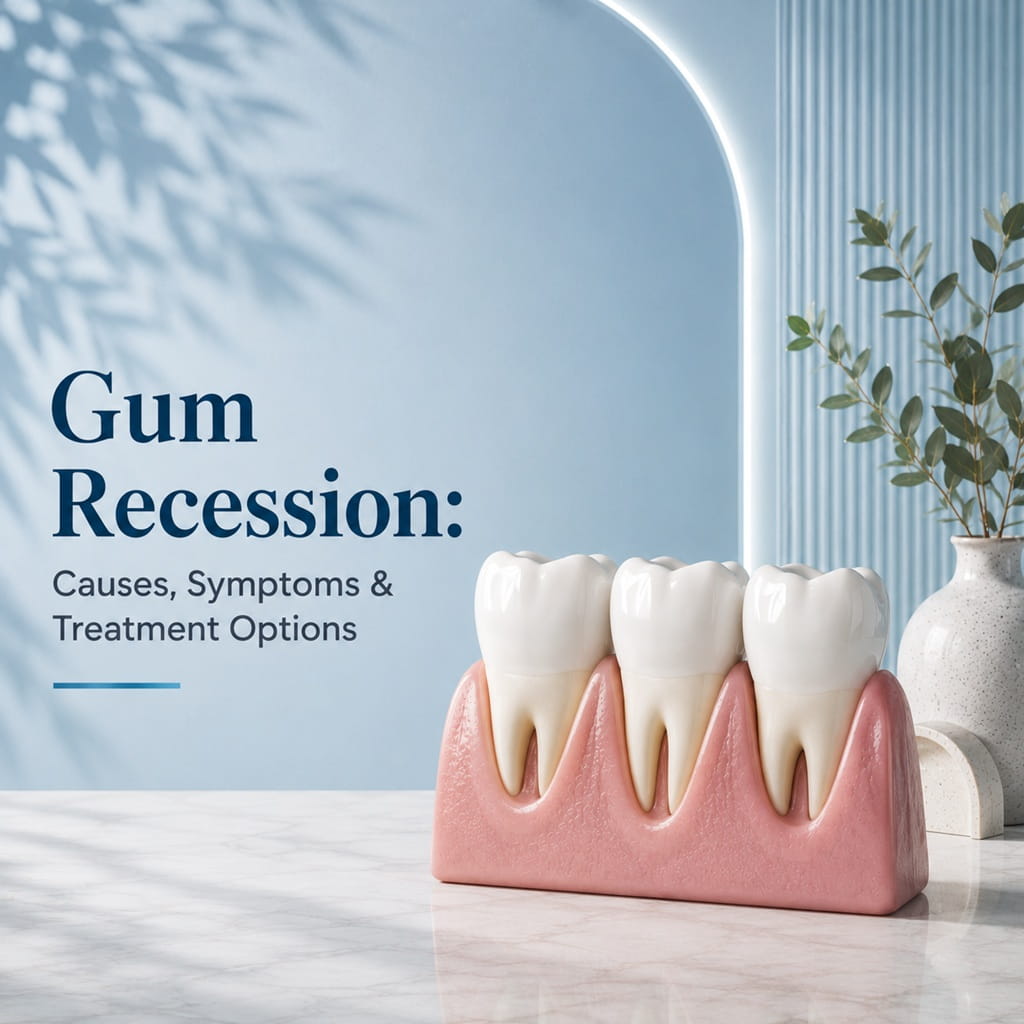 Illustration of healthy gums and receding gums used to explain periodontal disease.