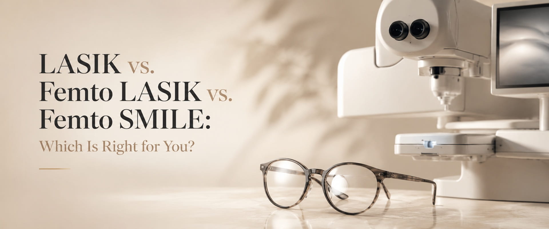 Laser eye surgery equipment and eyeglasses comparing LASIK, Femto LASIK, and Femto SMILE procedures.