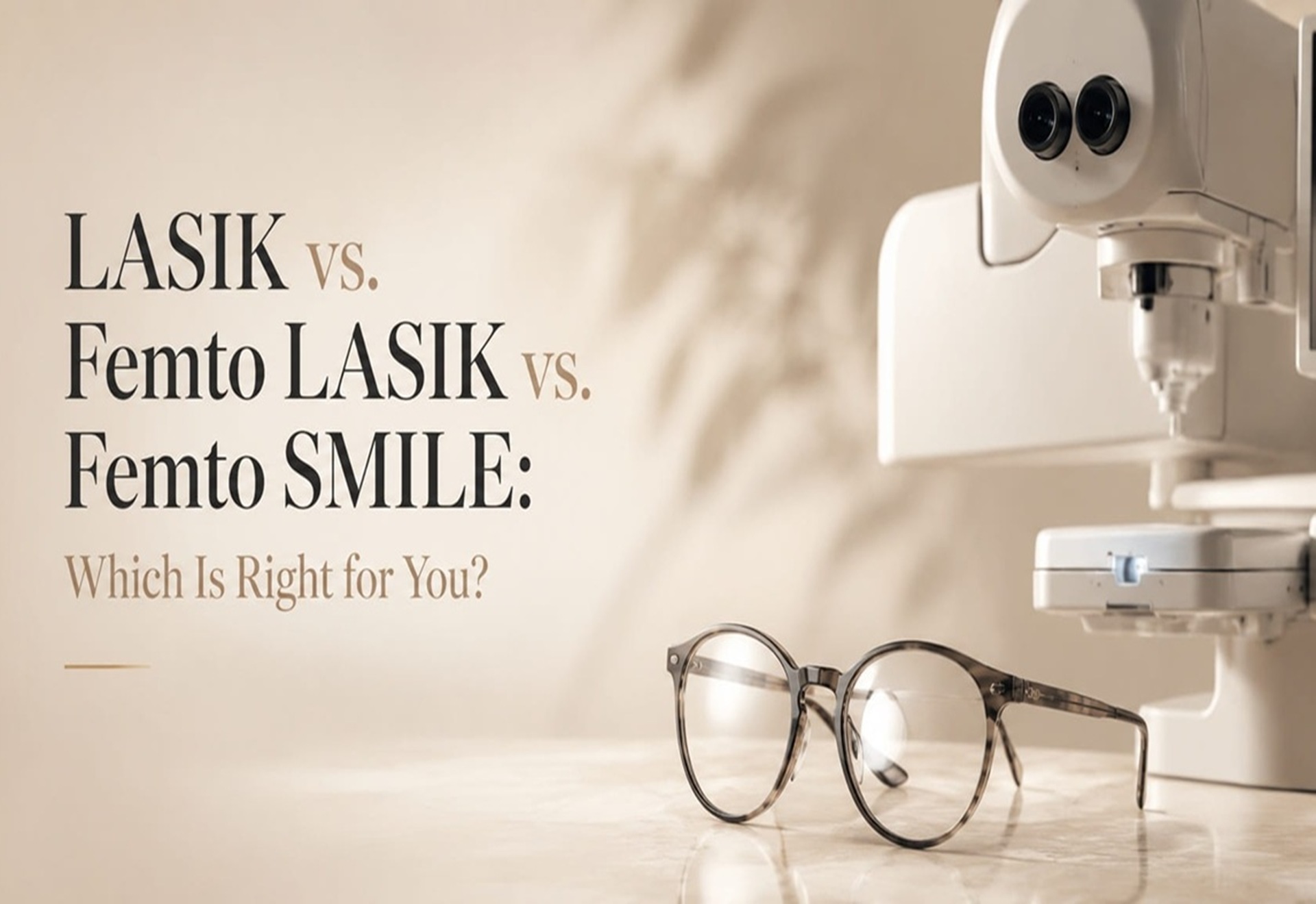 Laser eye surgery equipment and eyeglasses comparing LASIK, Femto LASIK, and Femto SMILE procedures.