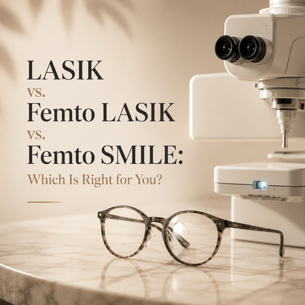 Laser eye surgery equipment and eyeglasses comparing LASIK, Femto LASIK, and Femto SMILE procedures.