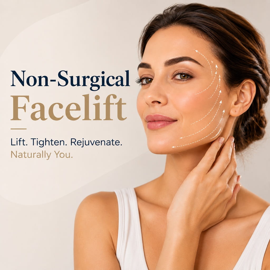 Woman illustrating non-surgical facelift and facial rejuvenation treatment.