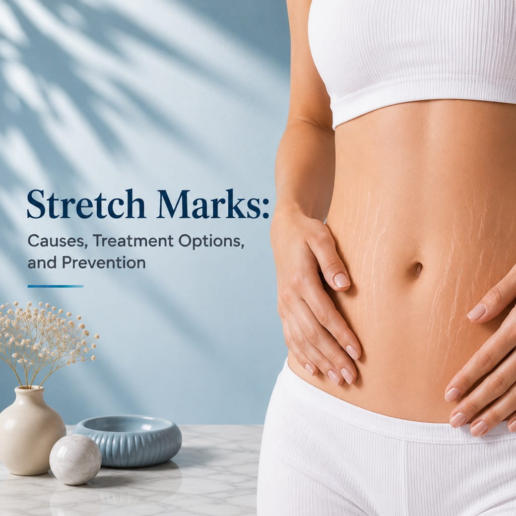 Stretch marks on the abdomen with information about causes, treatment options, and prevention.