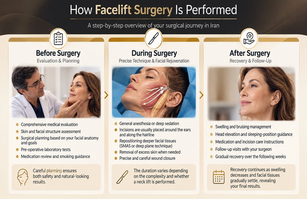 Infographic showing how facelift surgery in Iran is performed before, during, and after surgery