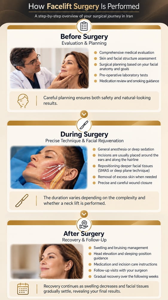 Infographic showing how facelift surgery in Iran is performed before, during, and after surgery