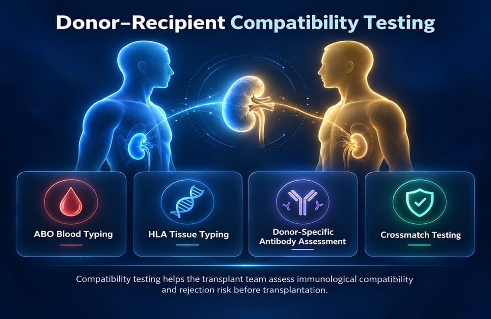 Infographic showing donor–recipient compatibility testing before kidney transplant, including ABO, HLA, donor-specific antibodies and crossmatch testing